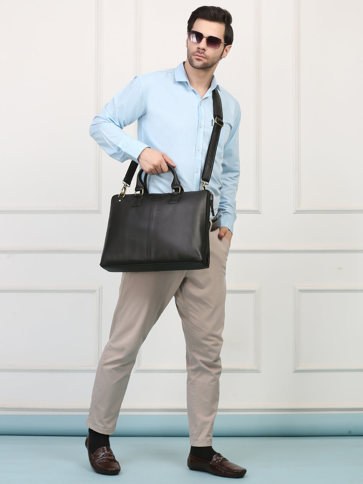 Black Leather Crossbody Laptop Bag – Sleek, Stylish & Functional