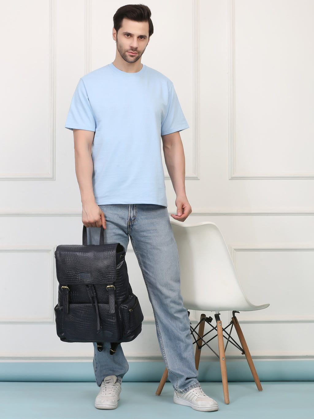 Blue Leather Backpack - Rahul Makin's Signature Monogram Edition | Stylish, Travel Ready, and Accessible