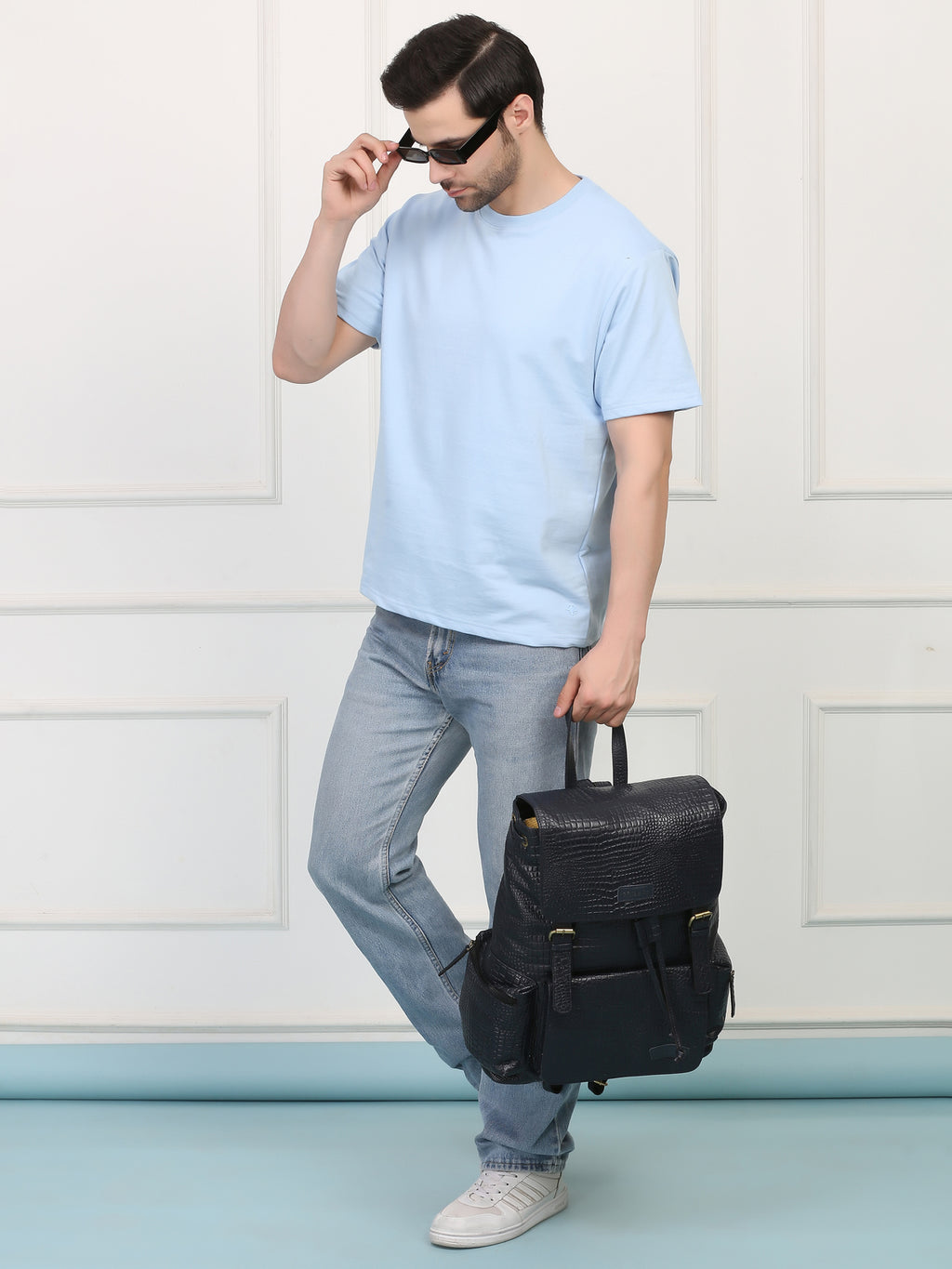 Blue Leather Backpack - Rahul Makin's Signature Monogram Edition | Stylish, Travel Ready, and Accessible