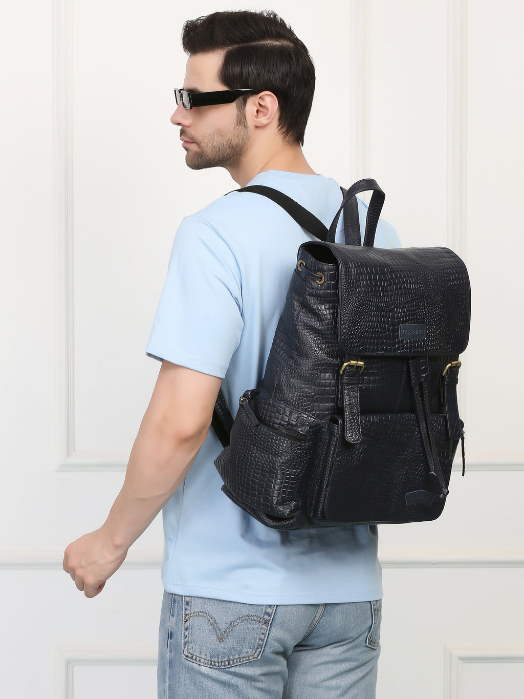 Blue Leather Backpack - Rahul Makin's Signature Monogram Edition | Stylish, Travel Ready, and Accessible
