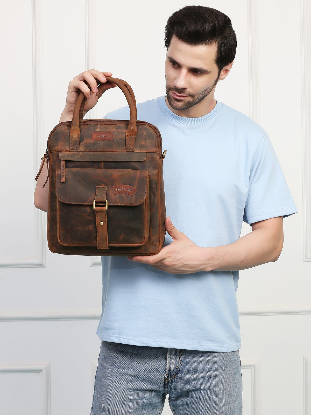 Brown Leather Crossbody Bag – Rahul Makin's Signature Monogram Edition | Effortless Style, Everyday Function