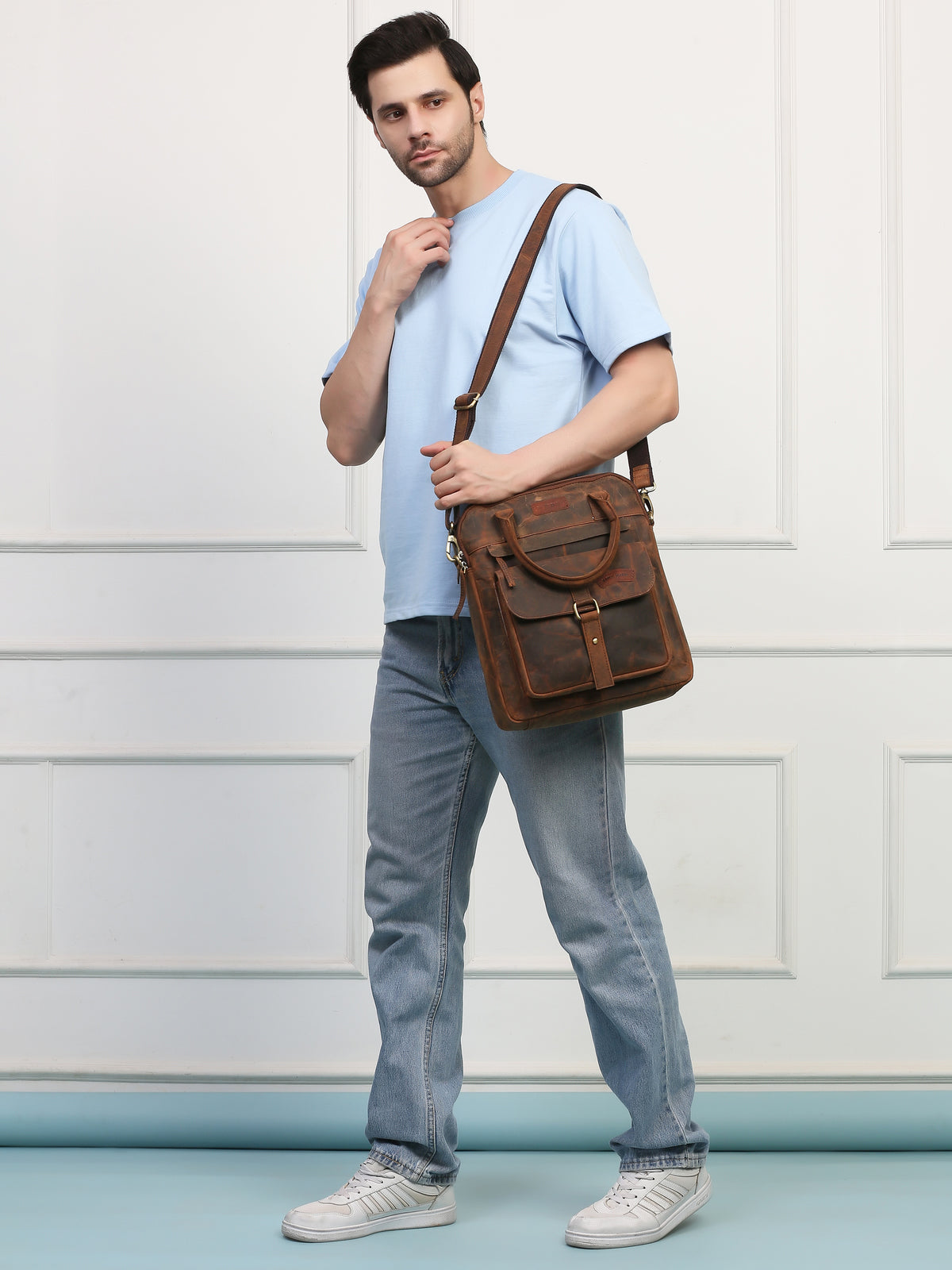Brown Leather Crossbody Bag – Rahul Makin's Signature Monogram Edition | Effortless Style, Everyday Function