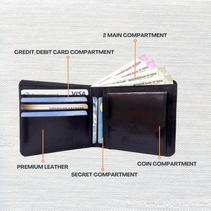 Grabbish Designer Black Leather Wallet | Simple & Sleek | 4 Card Slots | 2 Secret Compartments | With Coin Pocket