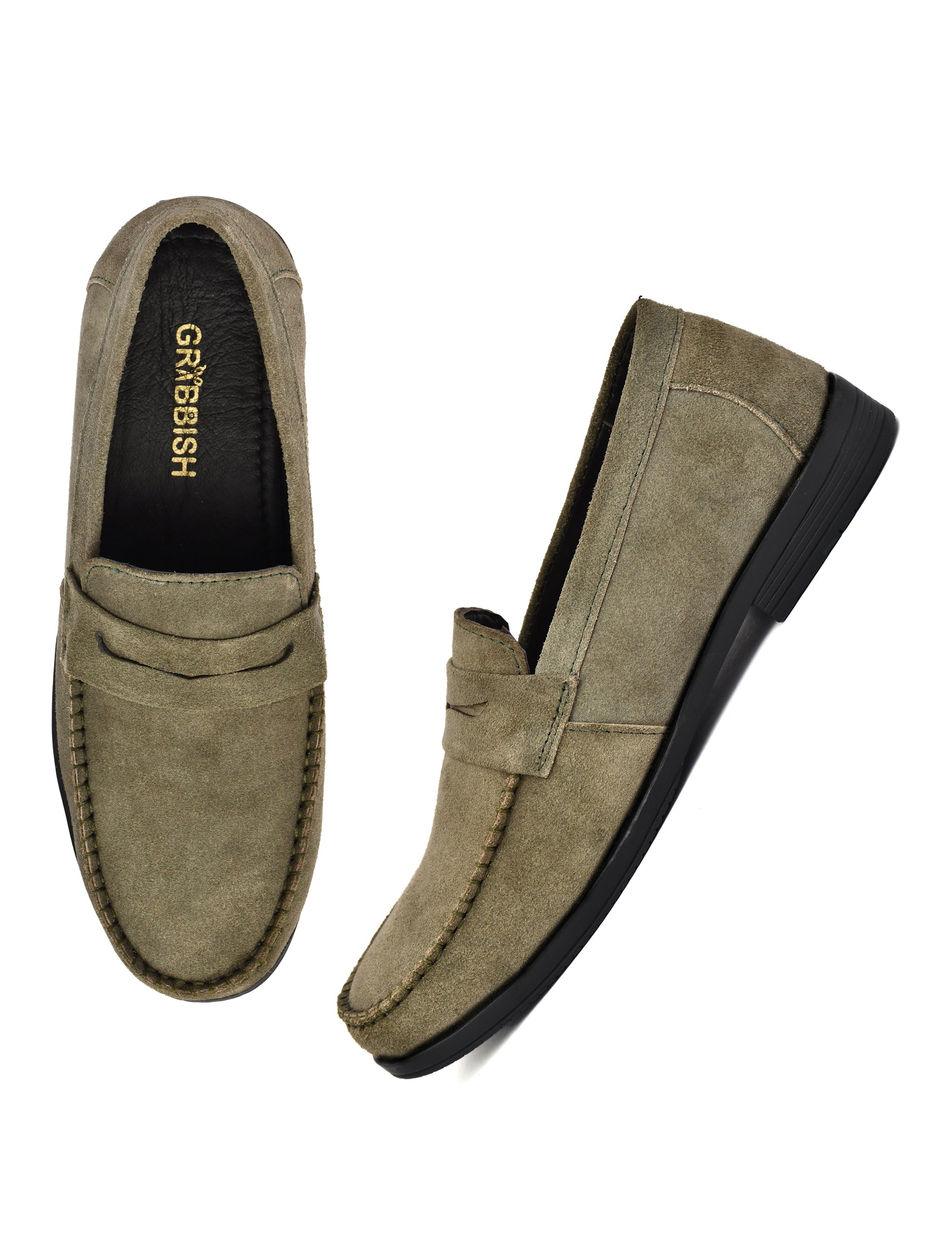 Men Olive Suede Leather Loafers