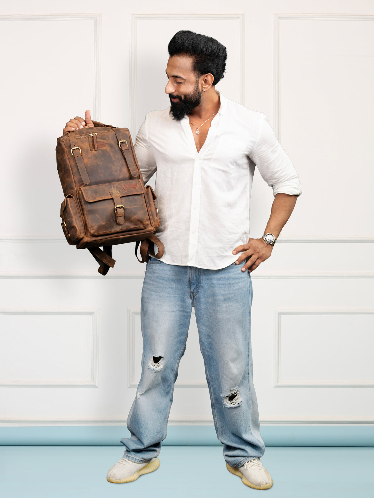 Signature Brown Leather Backpack – Rahul Makin's Signature Monogram Edition | Iconic Design, Maximum Utility