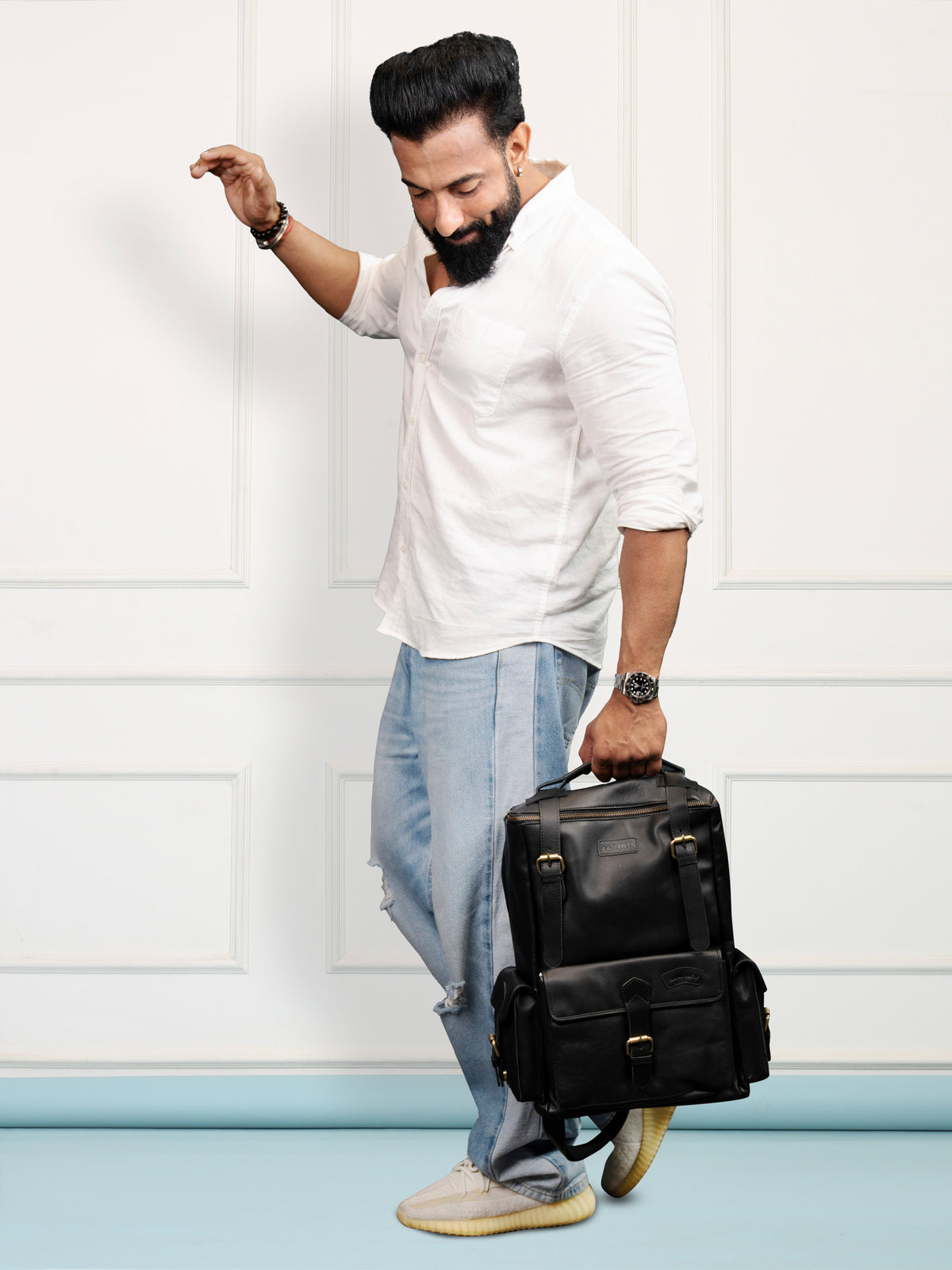 Signature Black Leather Backpack – Rahul Makin's Signature Monogram Edition | Iconic Design, Maximum Utility