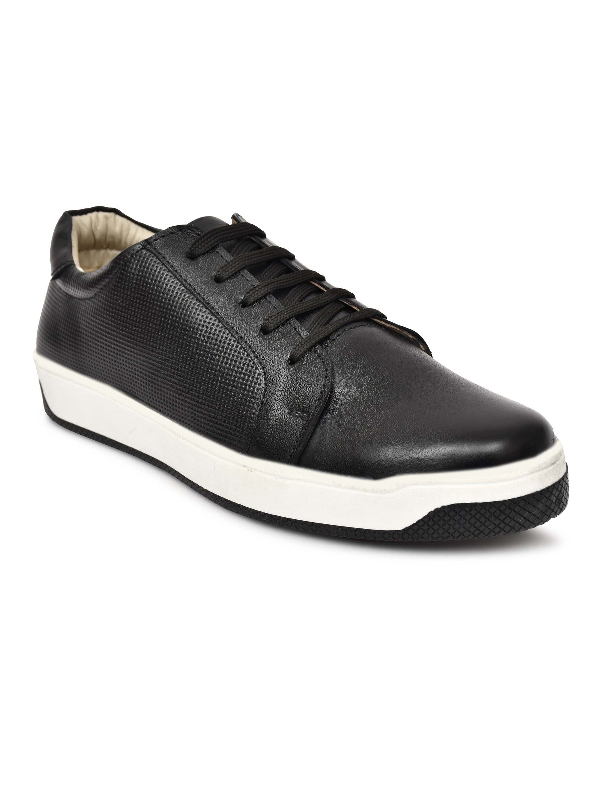 Men Round Toe Leather Sneakers Black
