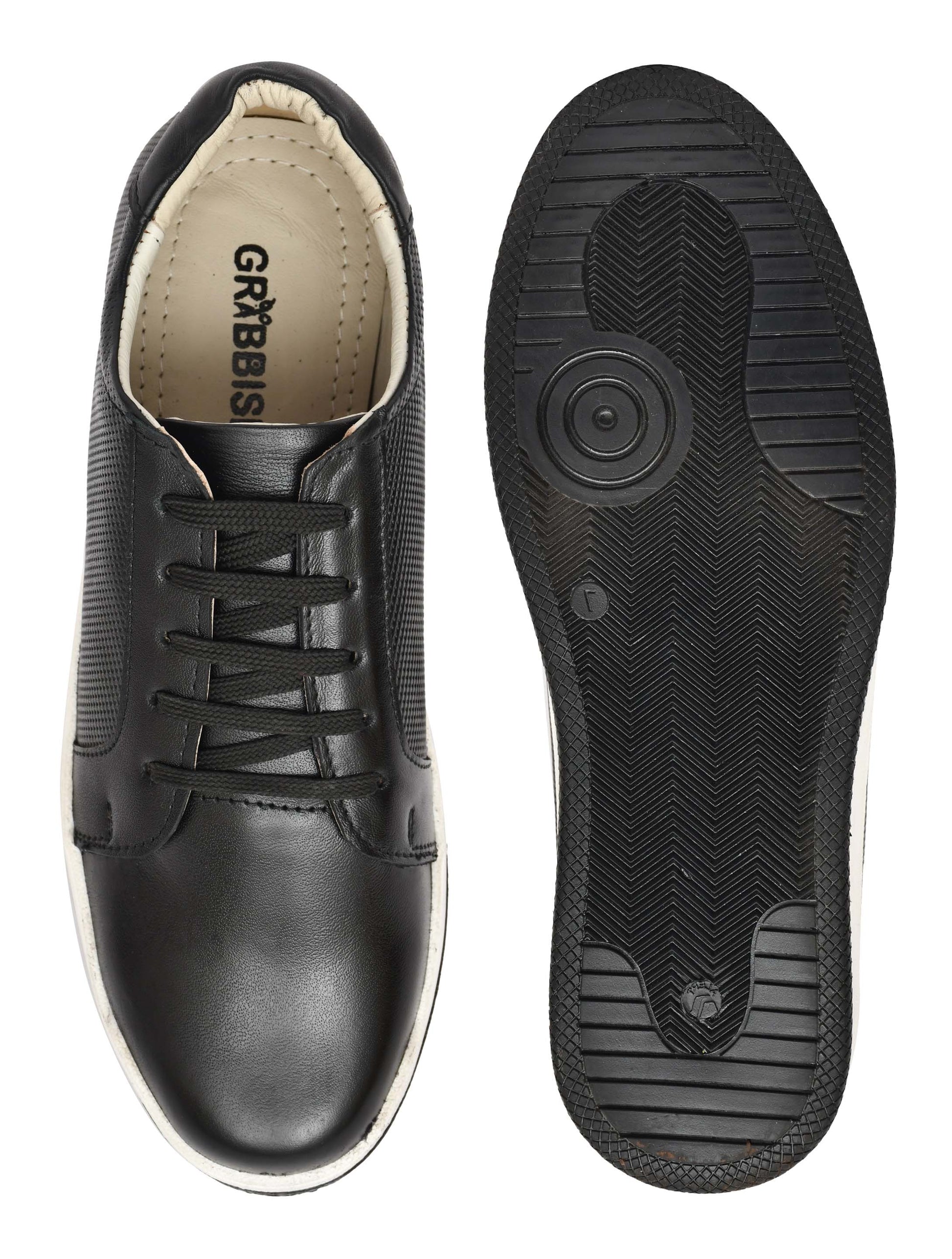 Men Round Toe Leather Sneakers Black