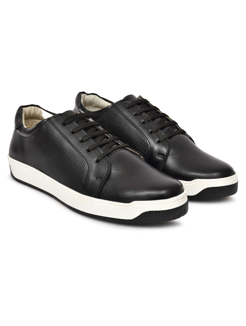 Men Round Toe Leather Sneakers Black