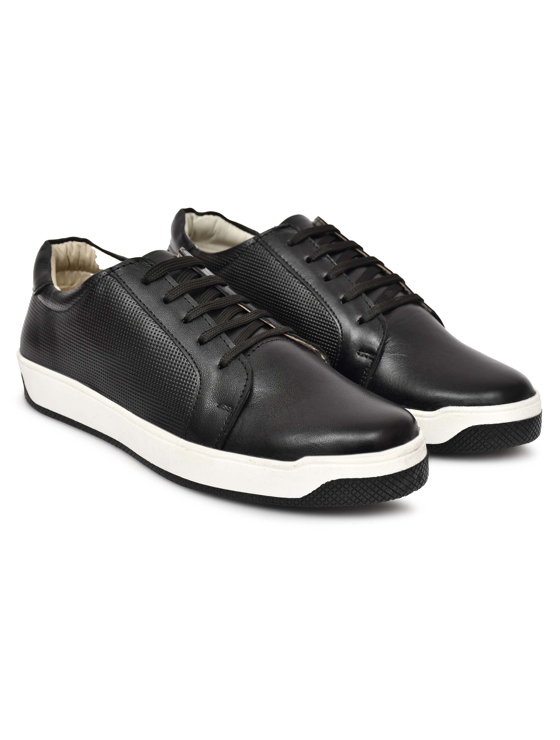 Men Round Toe Leather Sneakers Black