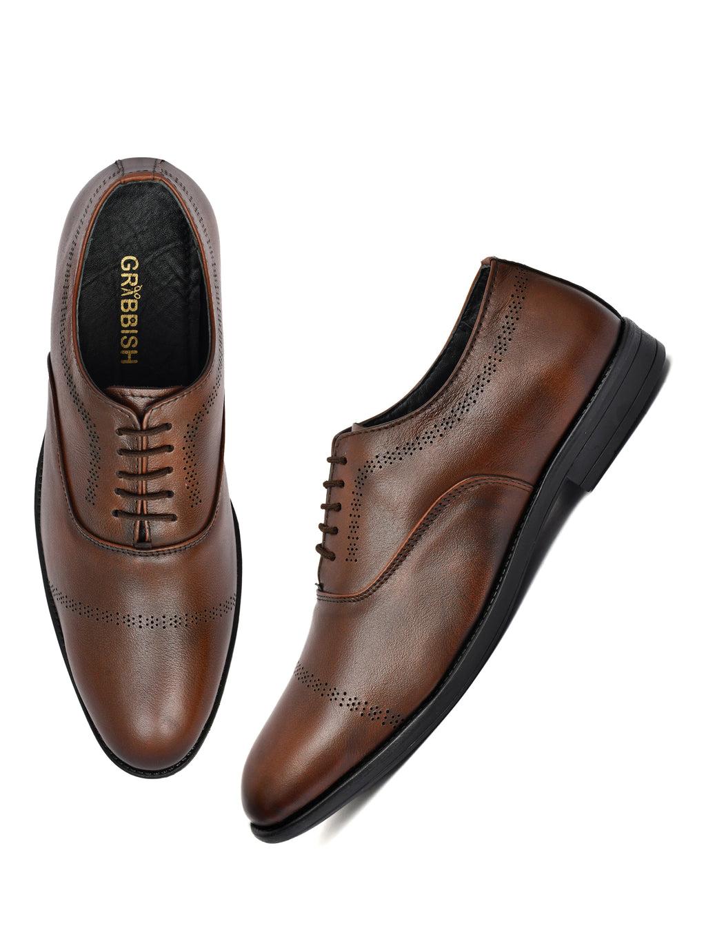 Men's Tan Brush Off Leather Laser Design Oxford Shoes