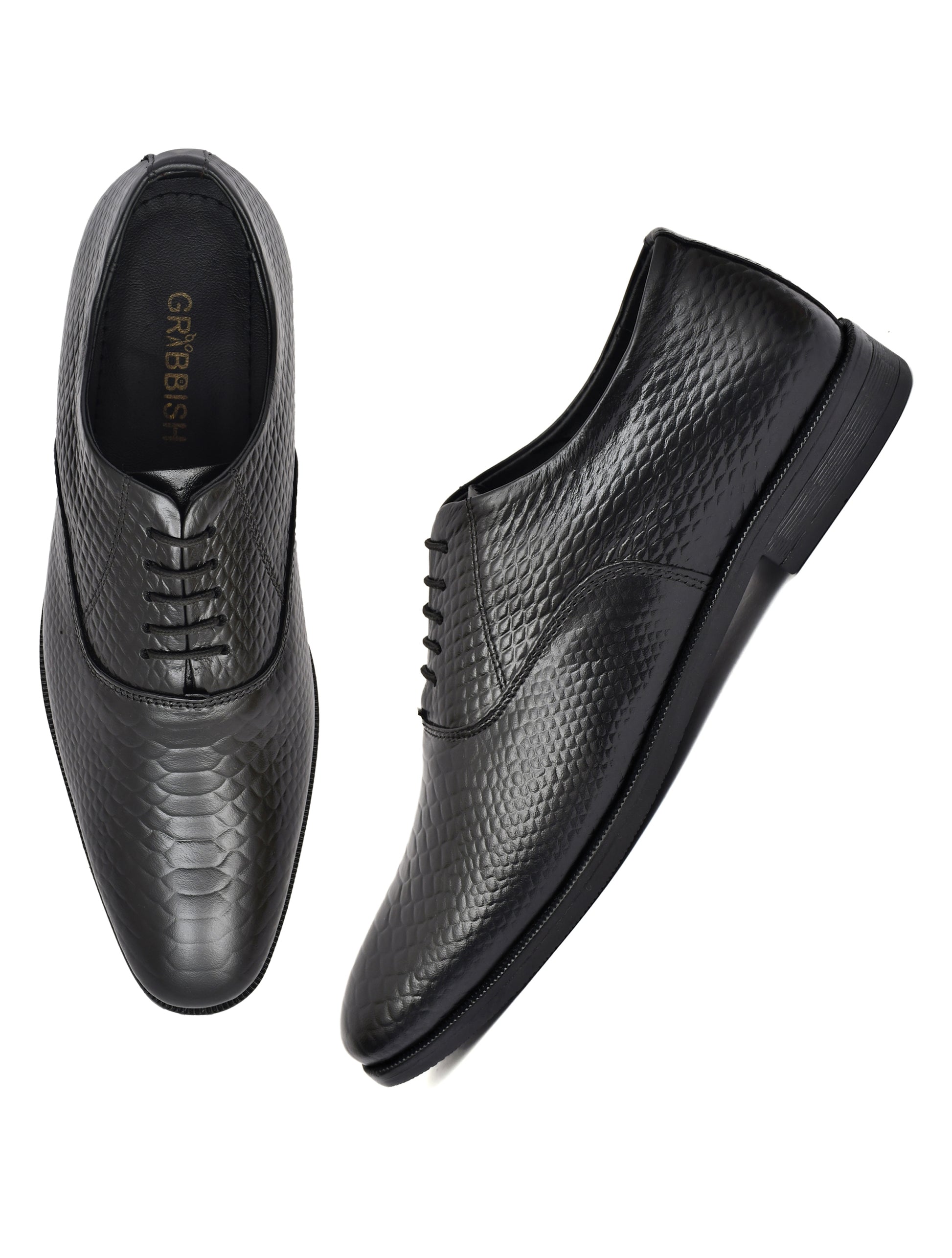 Men Black Snake Print Leather Oxford Shoes