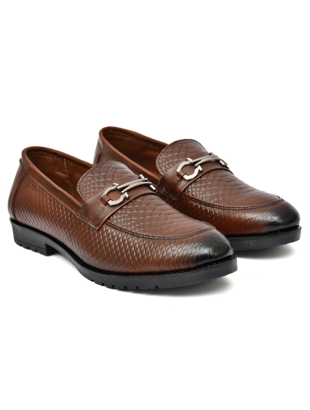 Men Tan Brush Off Leather Croco Bit Loafers