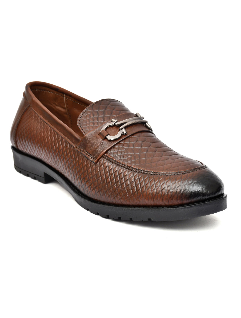 Men Tan Brush Off Leather Croco Bit Loafers