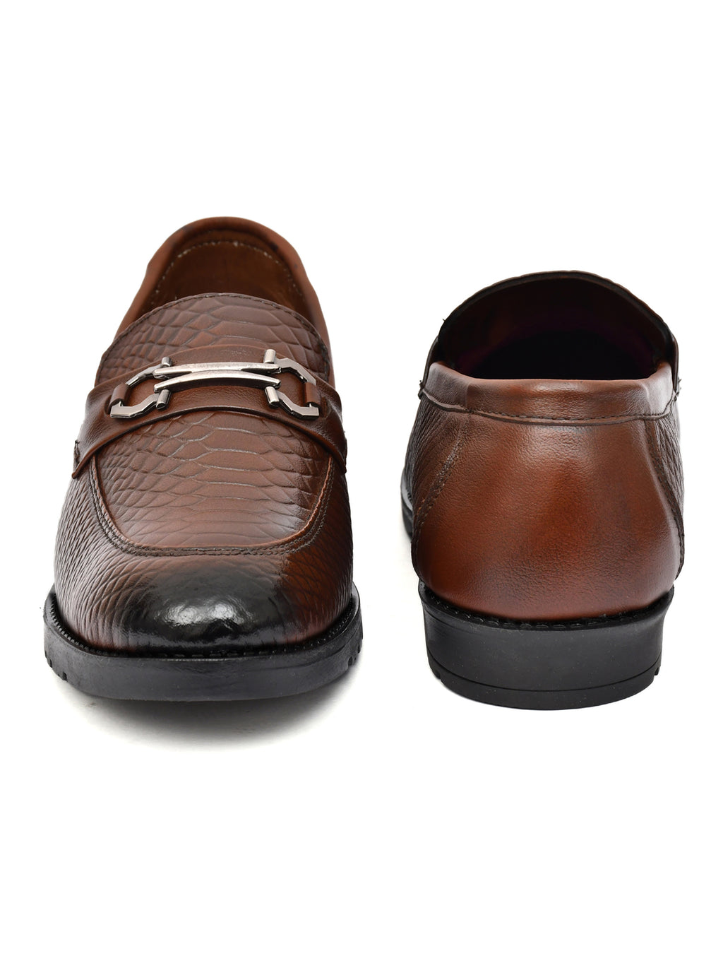 Men Tan Brush Off Leather Croco Bit Loafers