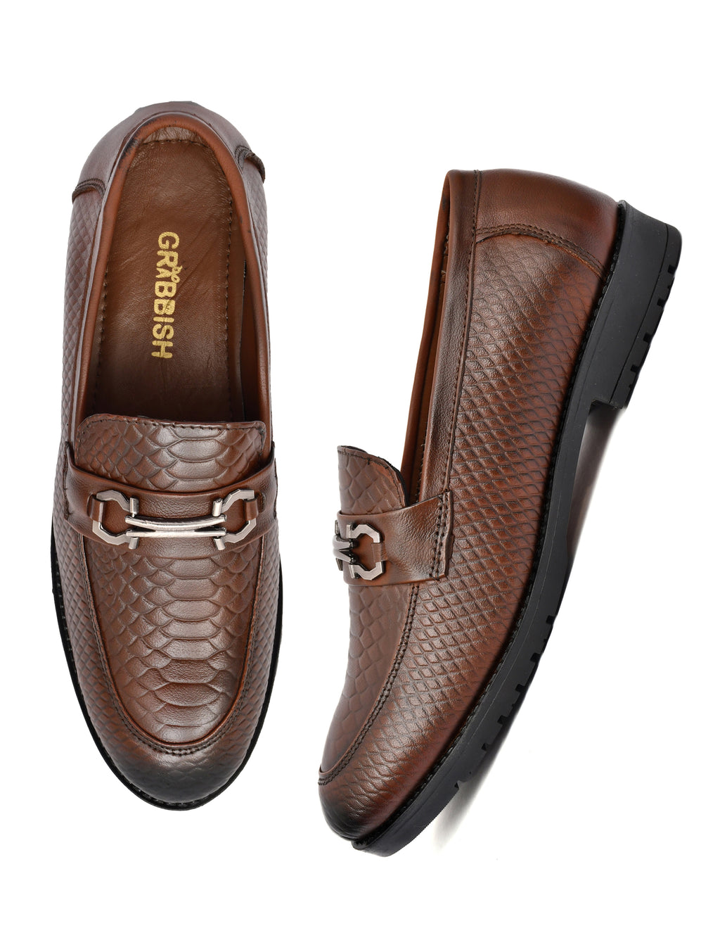 Men Tan Brush Off Leather Croco Bit Loafers