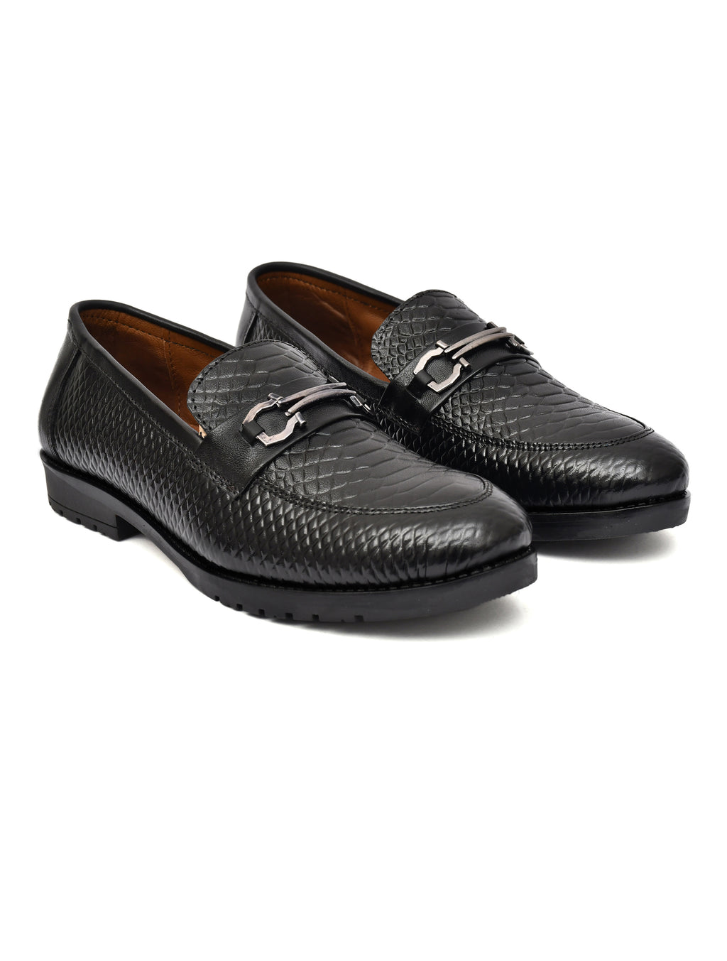 Men Black Leather Croco Bit Loafers