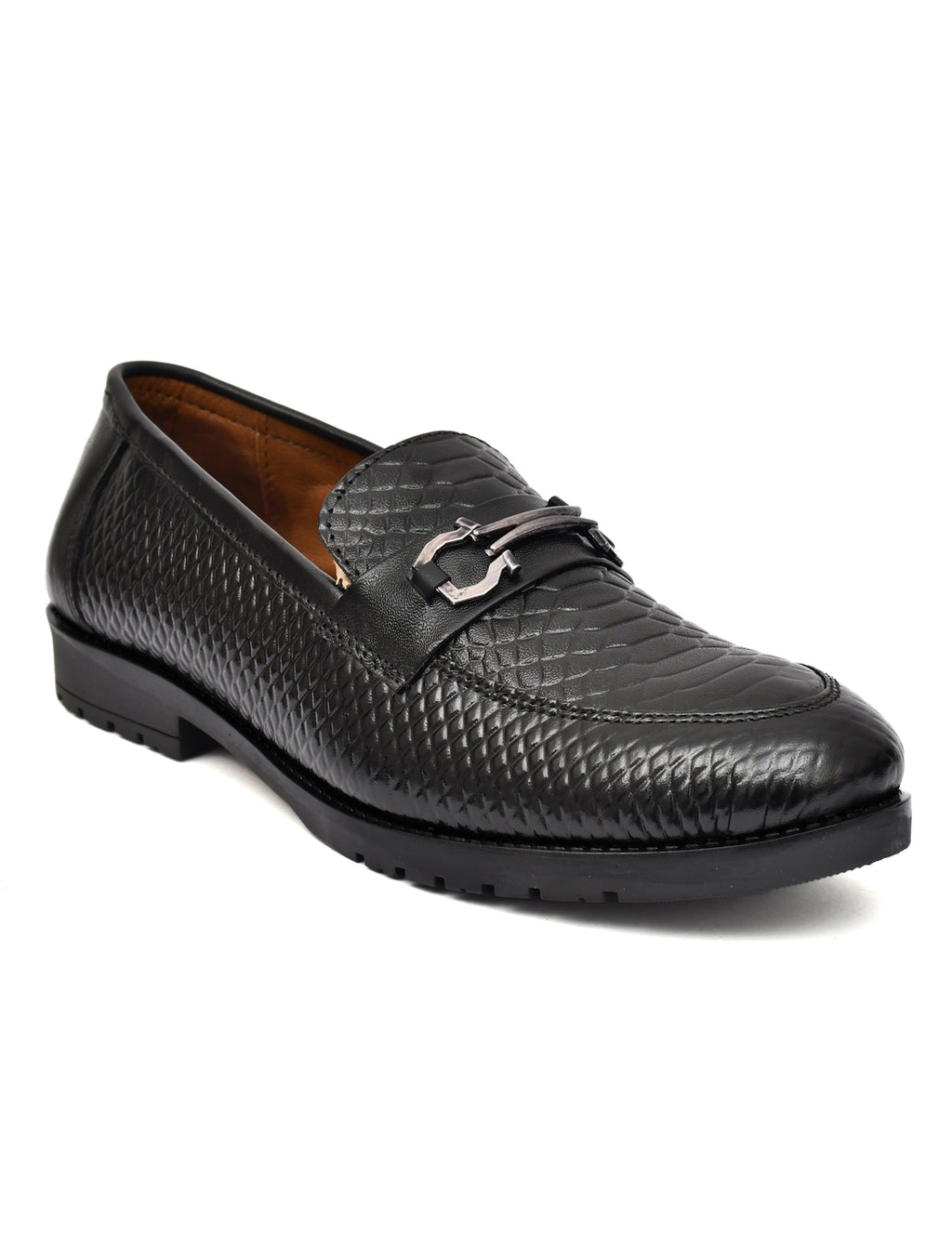 Men Black Leather Croco Bit Loafers