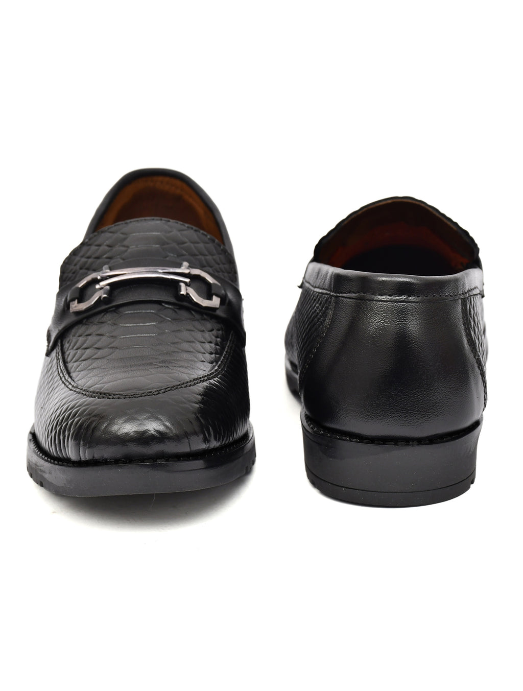 Men Black Leather Croco Bit Loafers