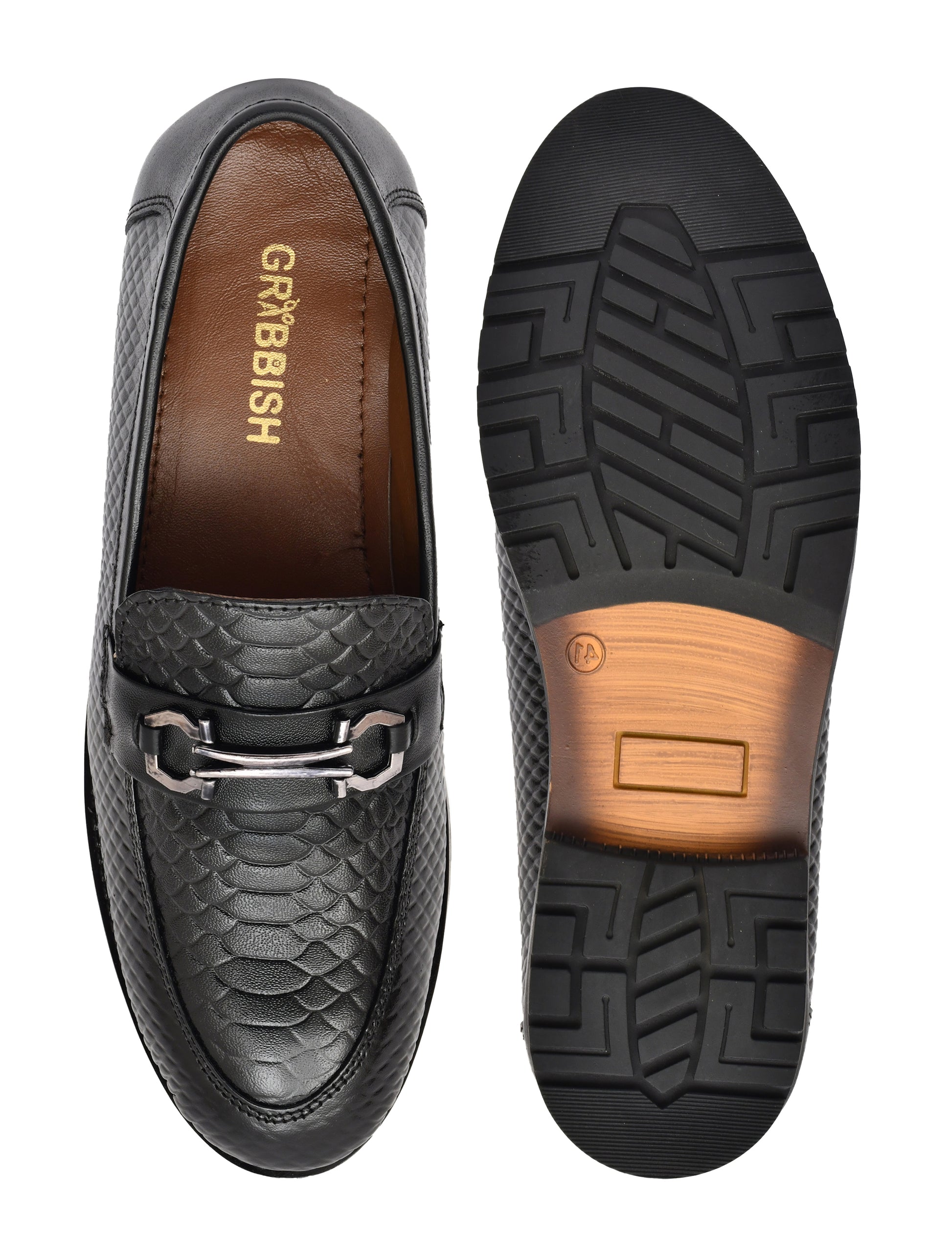 Men Black Leather Croco Bit Loafers