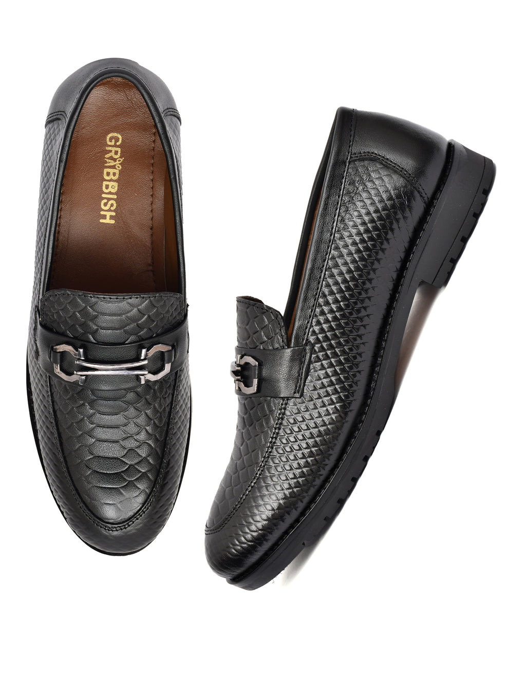 Men Black Leather Croco Bit Loafers