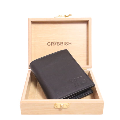 Grabbish 3 Fold Black Leather Wallet for Men | 9 Card Slots, 2 ID Card Slots, Coin Pocket, Zip Secure Secret Compartment | Premium Wooden Box Packing