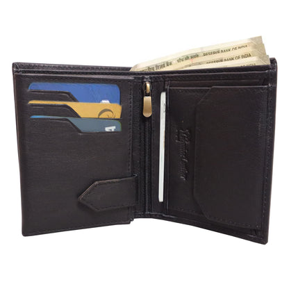 Grabbish 3 Fold Black Leather Wallet for Men | 9 Card Slots, 2 ID Card Slots, Coin Pocket, Zip Secure Secret Compartment | Premium Wooden Box Packing