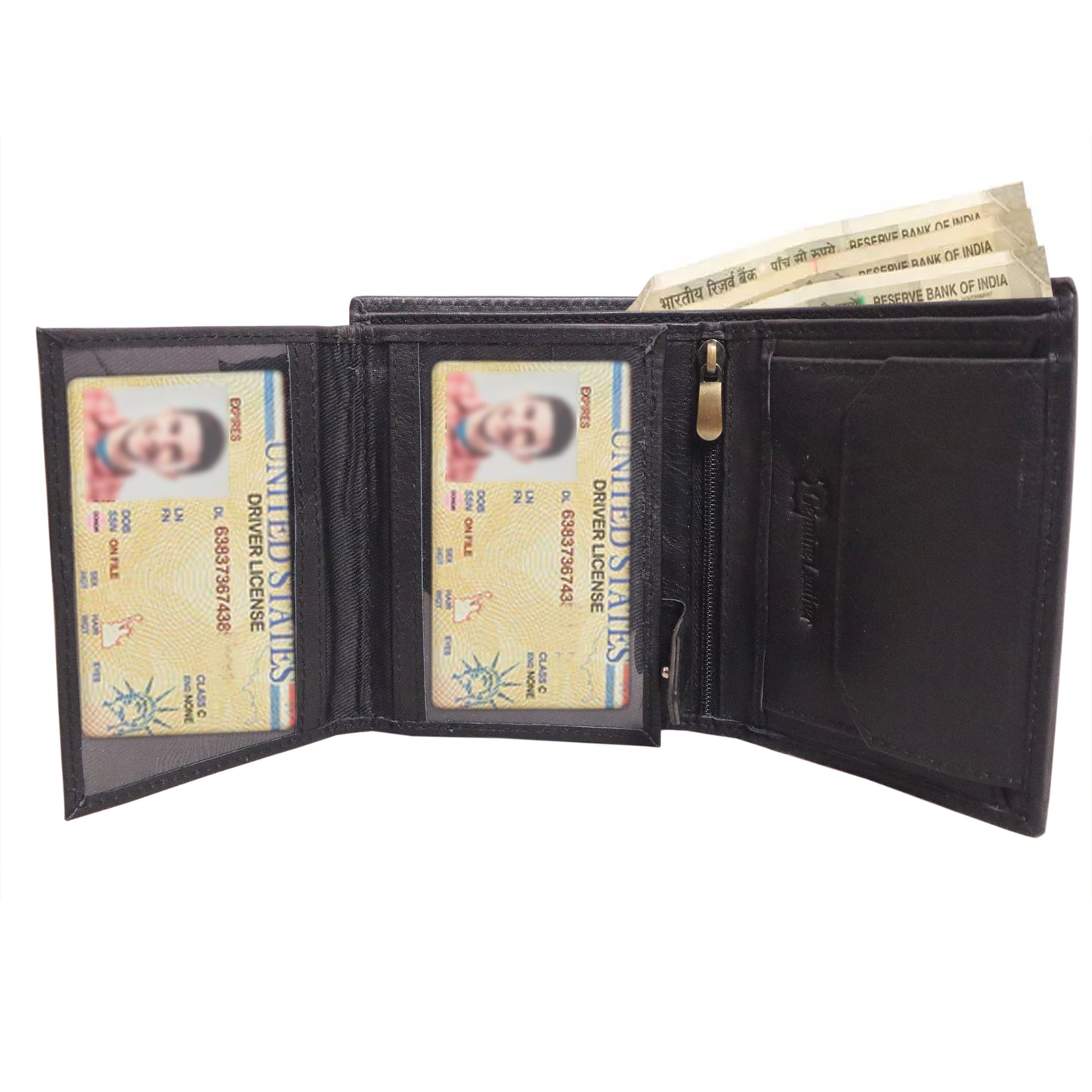 Grabbish 3 Fold Black Leather Wallet for Men | 9 Card Slots, 2 ID Card Slots, Coin Pocket, Zip Secure Secret Compartment | Premium Wooden Box Packing