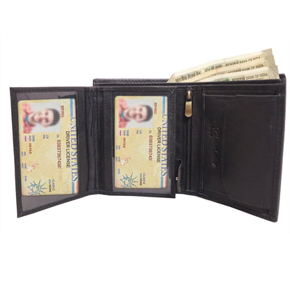 Grabbish 3 Fold Black Leather Wallet for Men | 9 Card Slots, 2 ID Card Slots, Coin Pocket, Zip Secure Secret Compartment | Premium Wooden Box Packing