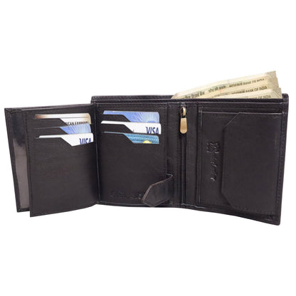 Grabbish 3 Fold Black Leather Wallet for Men | 9 Card Slots, 2 ID Card Slots, Coin Pocket, Zip Secure Secret Compartment | Premium Wooden Box Packing