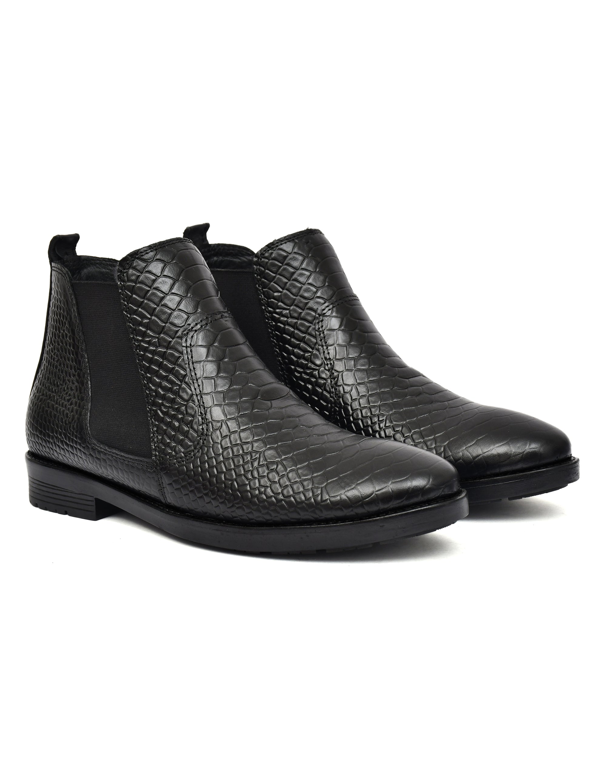 Men Black Croco Print Chelsea Boots
