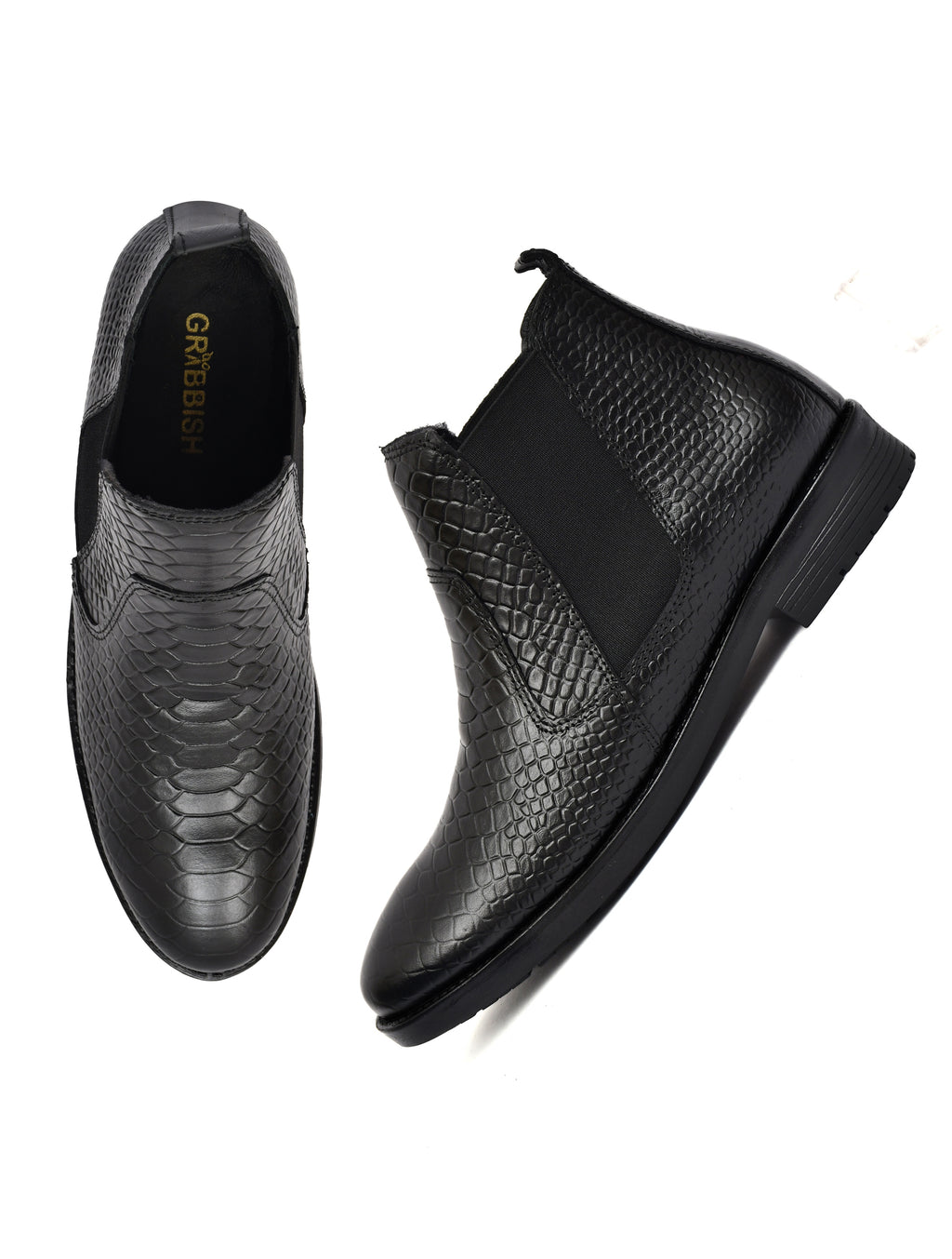 Men Black Croco Print Chelsea Boots