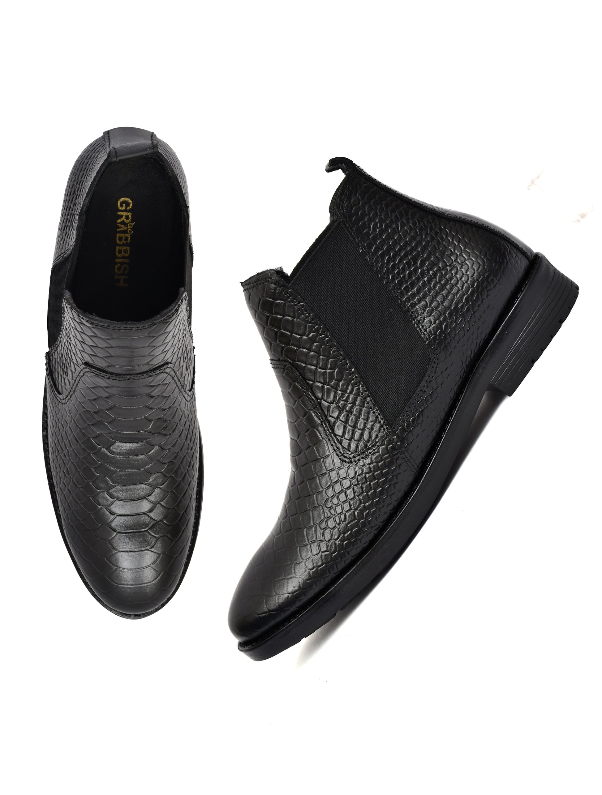 Men Black Croco Print Chelsea Boots